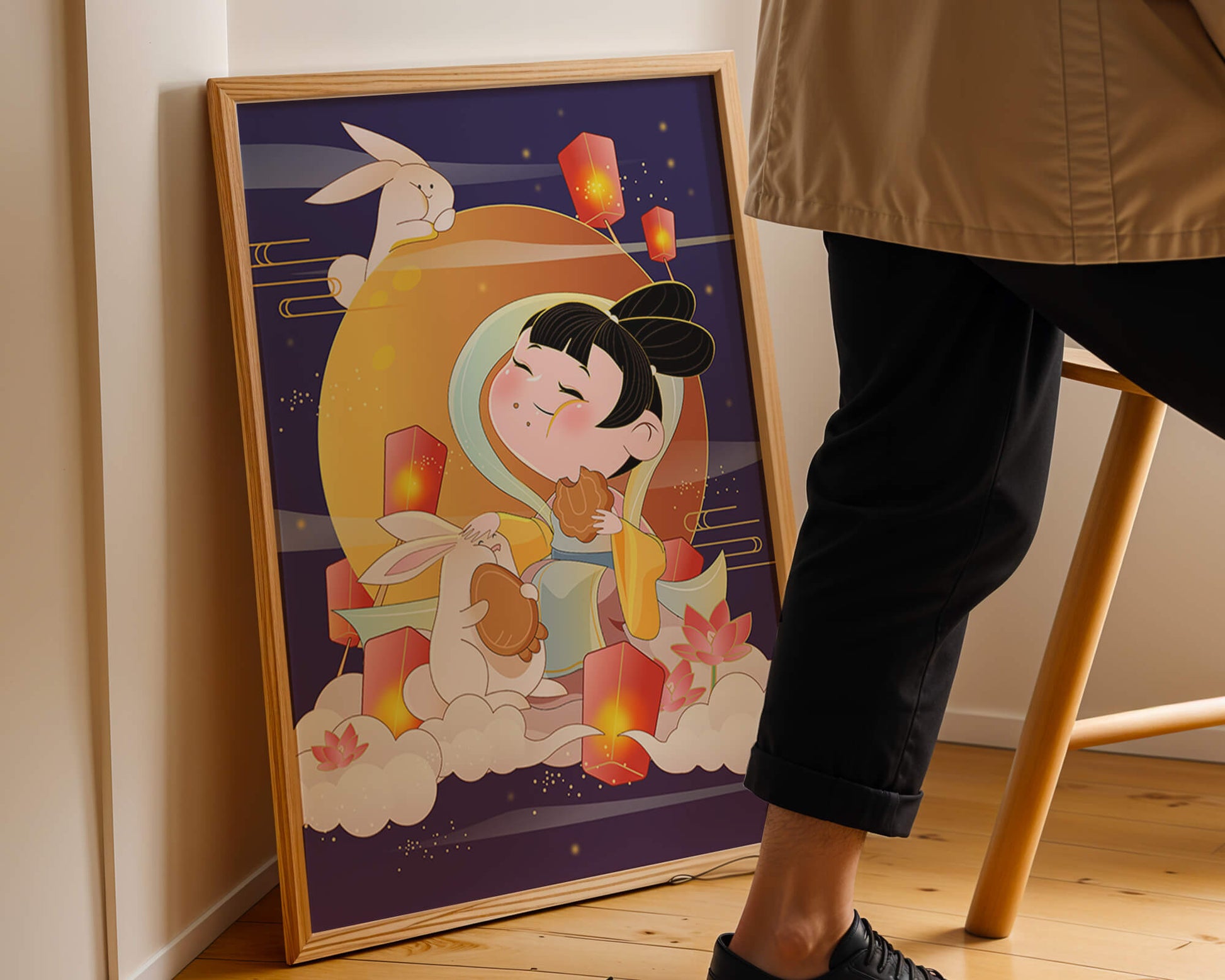 Illustration de déesse de la lune avec des lapins et des lanternes sur fond de mi-automne
