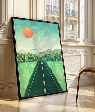 Serene Landscape with Road Leading to Sunset and Lush Greenery