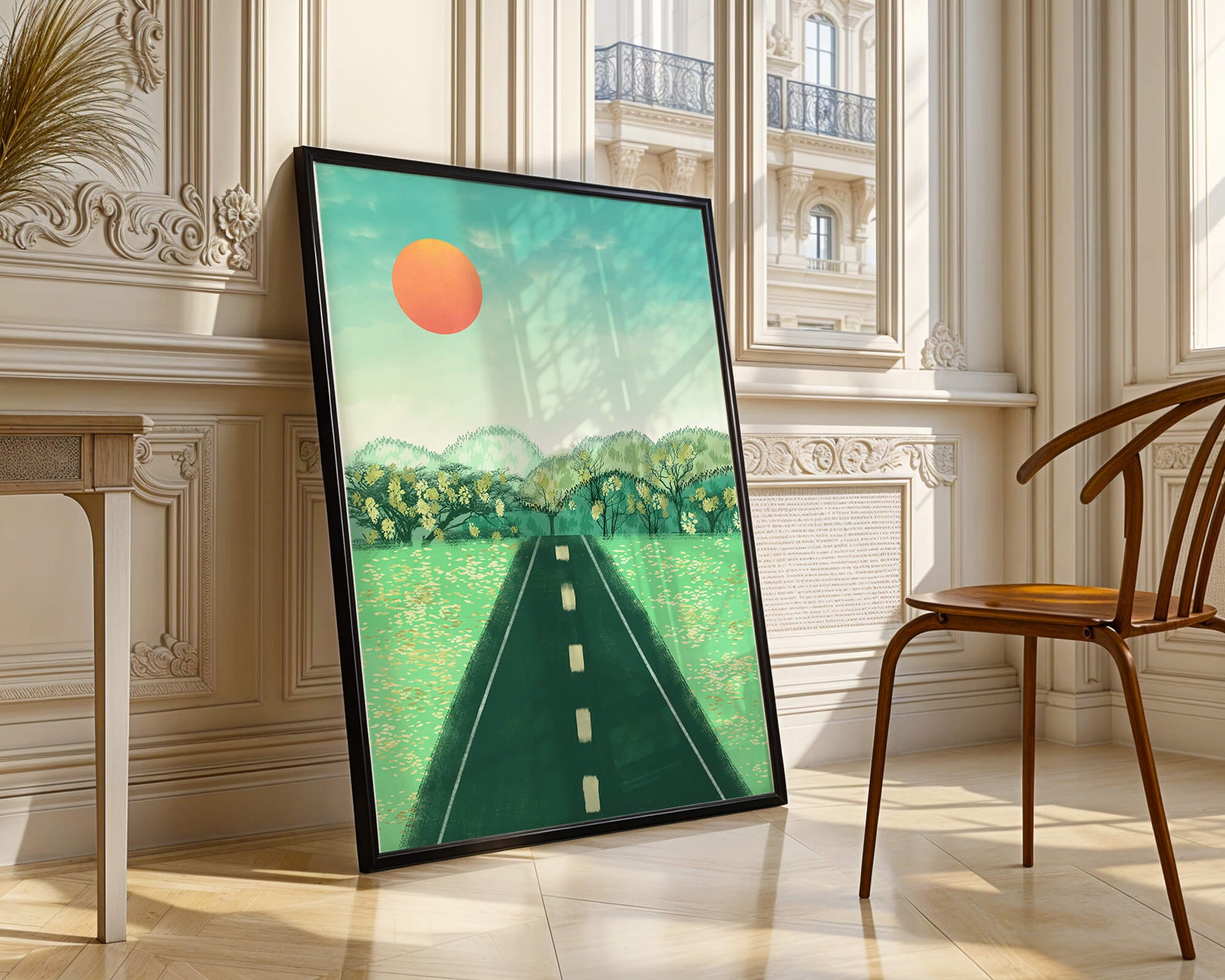 Serene Landscape with Road Leading to Sunset and Lush Greenery
