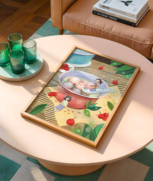 Charming illustration of children with dessert in a whimsical setting
