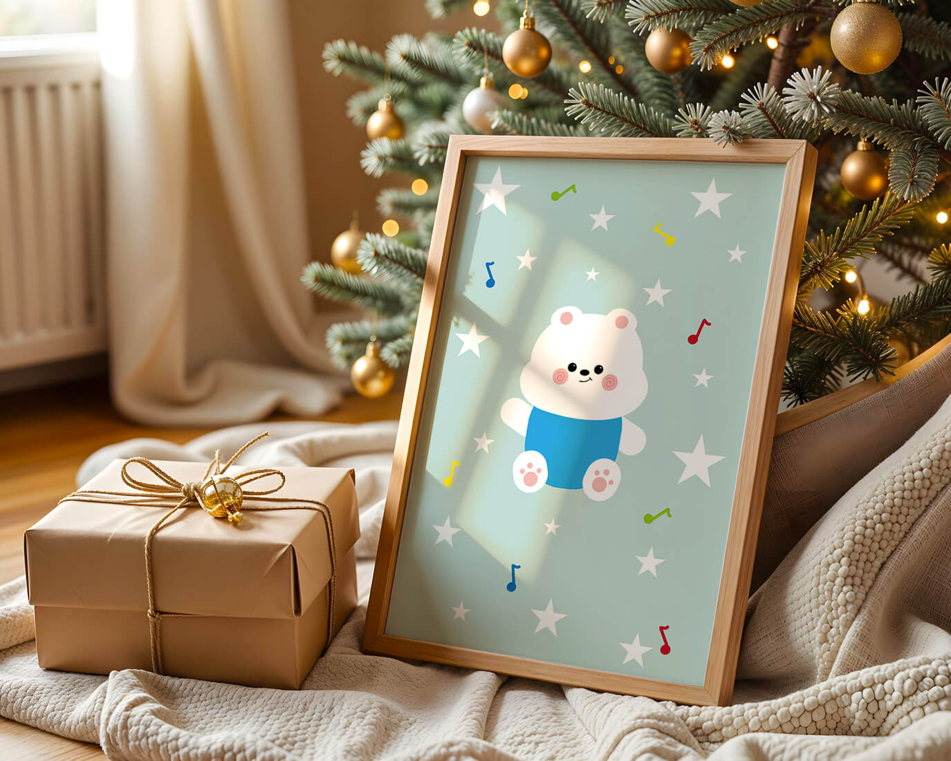 Playful bear illustration with musical notes and stars