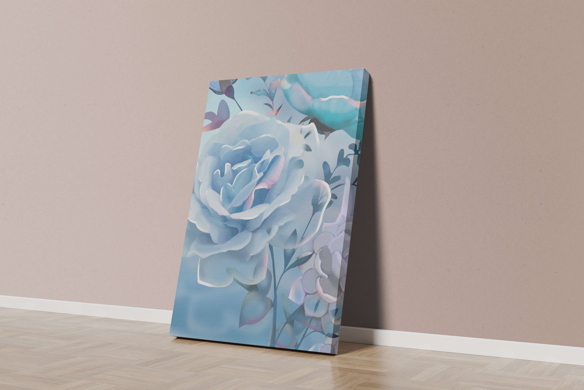 Rosas azules serenas con hojas delicadas sobre fondo suave