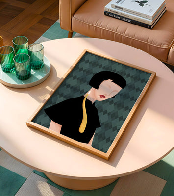 Elegant woman with short hair and golden earring on patterned background
