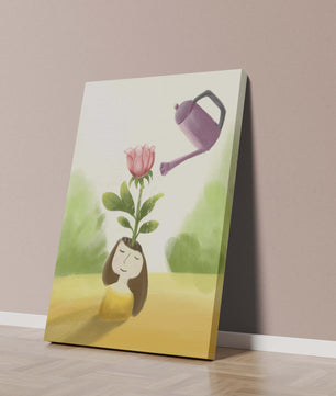 Ilustración de una chica con una flor creciendo de su cabeza siendo regada