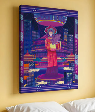 Futuristic Asian Inspired Artwork with Neon Colors and Geisha in Traditional Attire