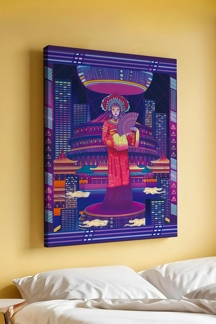Futuristic Asian Inspired Artwork with Neon Colors and Geisha in Traditional Attire