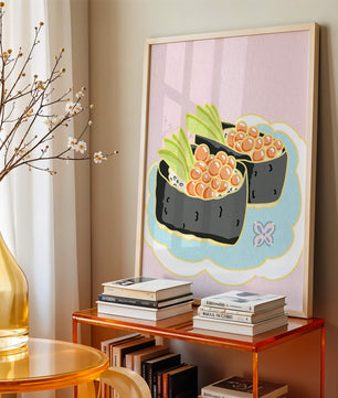 Illustration of sushi rolls with fish roe and avocado on a pastel background