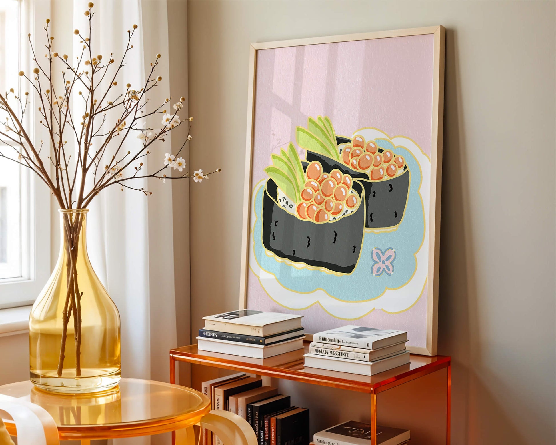 Illustration of sushi rolls with fish roe and avocado on a pastel background