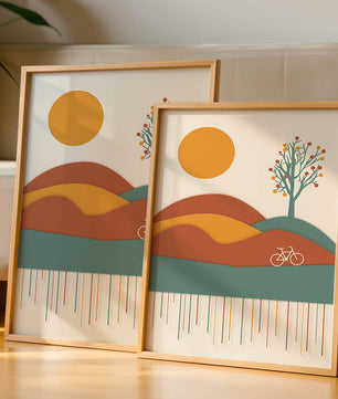 Abstract landscape with bicycle and tree in vibrant colors