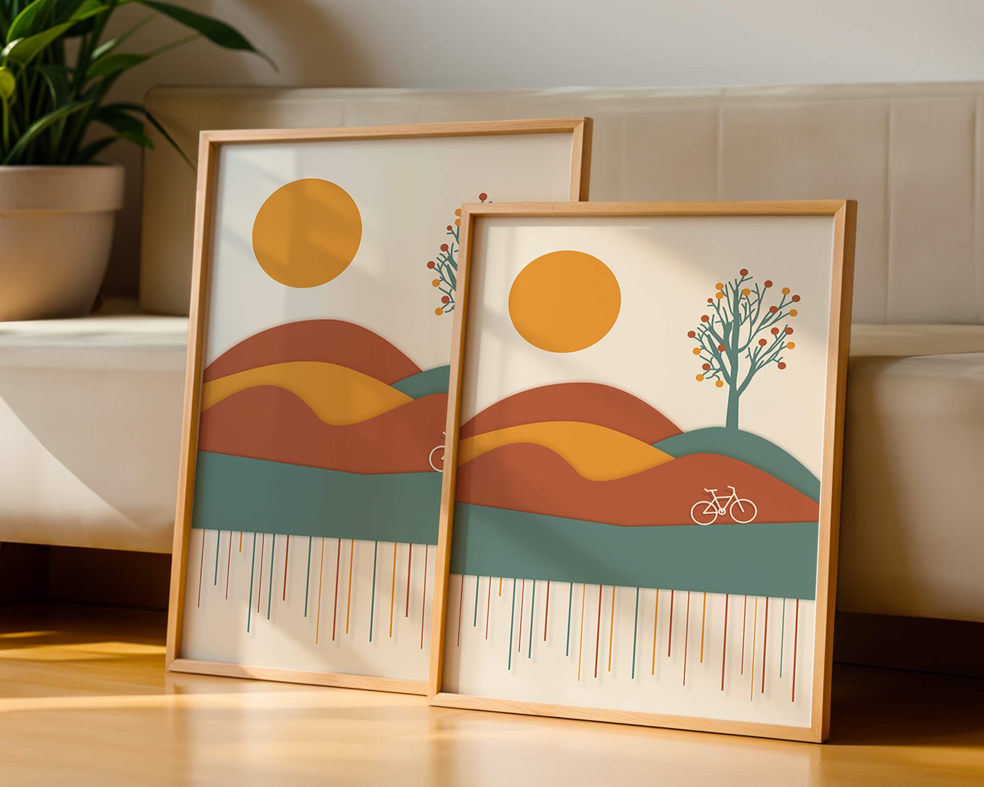 Abstract landscape with bicycle and tree in vibrant colors
