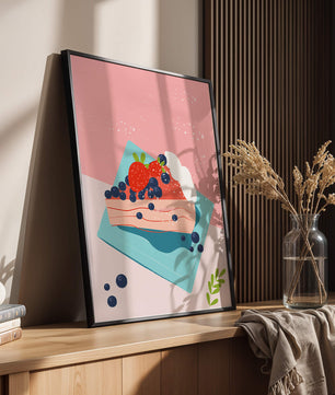 Bunte Dessertillustration mit Erdbeeren und Blaubeeren auf pastellfarbenem Hintergrund