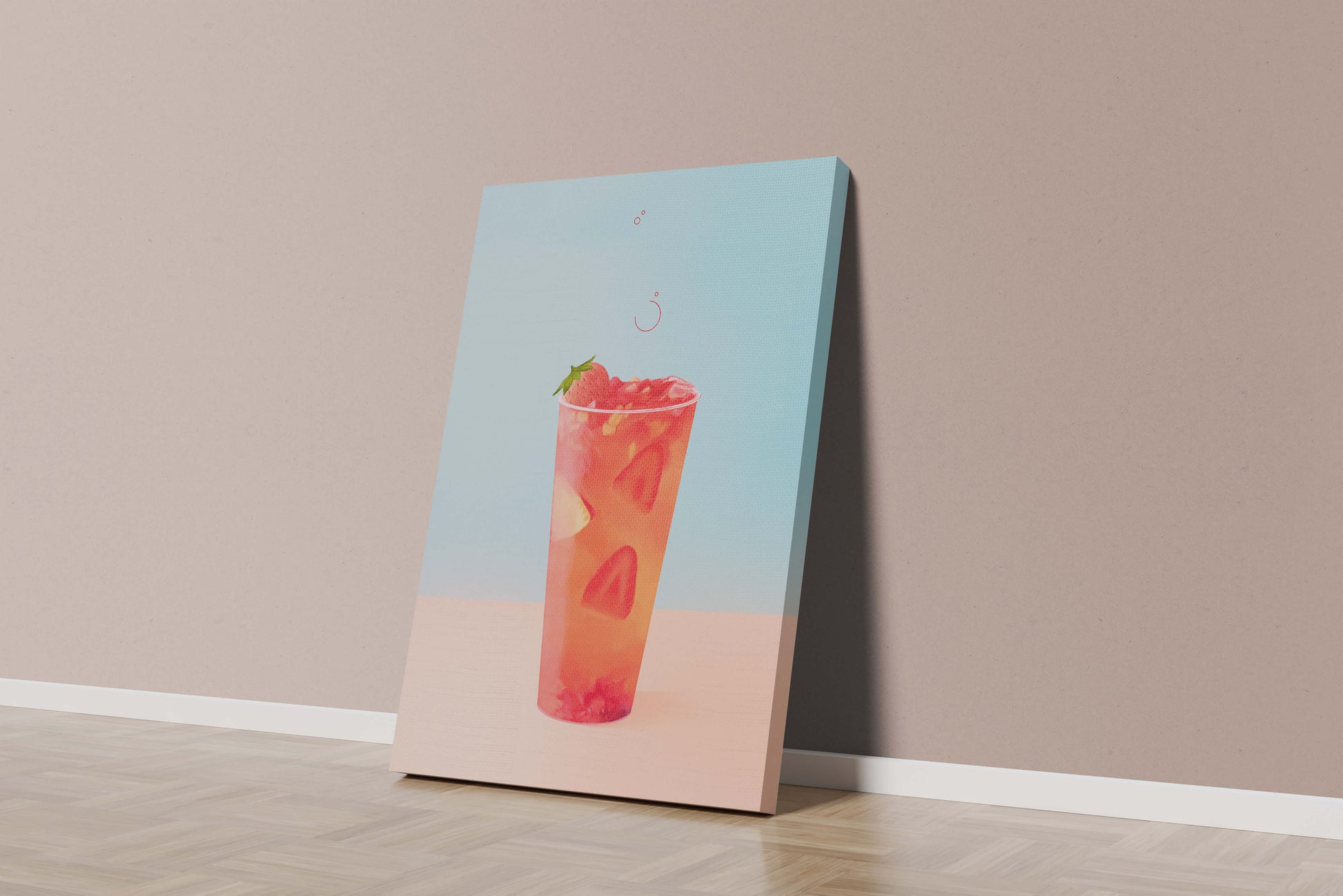 Refreshing strawberry drink with floating slices on pastel background