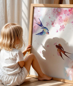 Pájaros coloridos y flores rosadas en una escena primaveral acuarelada