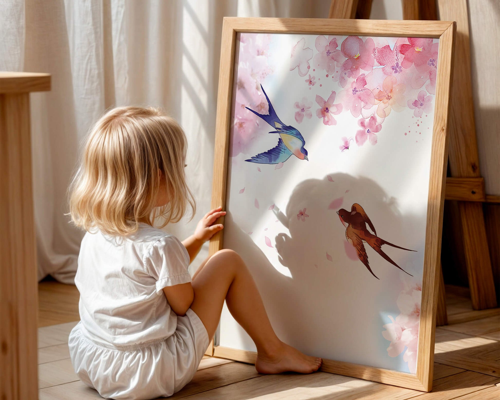 Pájaros coloridos y flores rosas en una escena primaveral de acuarela