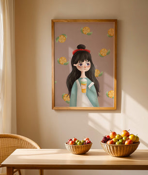 Illustration of a girl with a beverage surrounded by citrus slices