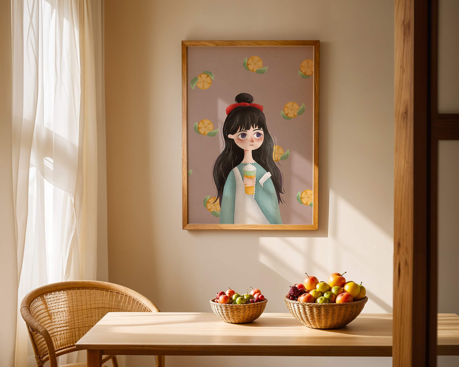 Illustration of a girl with a beverage surrounded by citrus slices