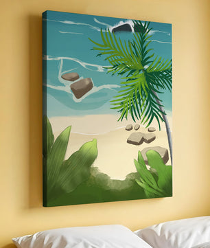 Serene tropical beach scene with lush greenery and calm waves