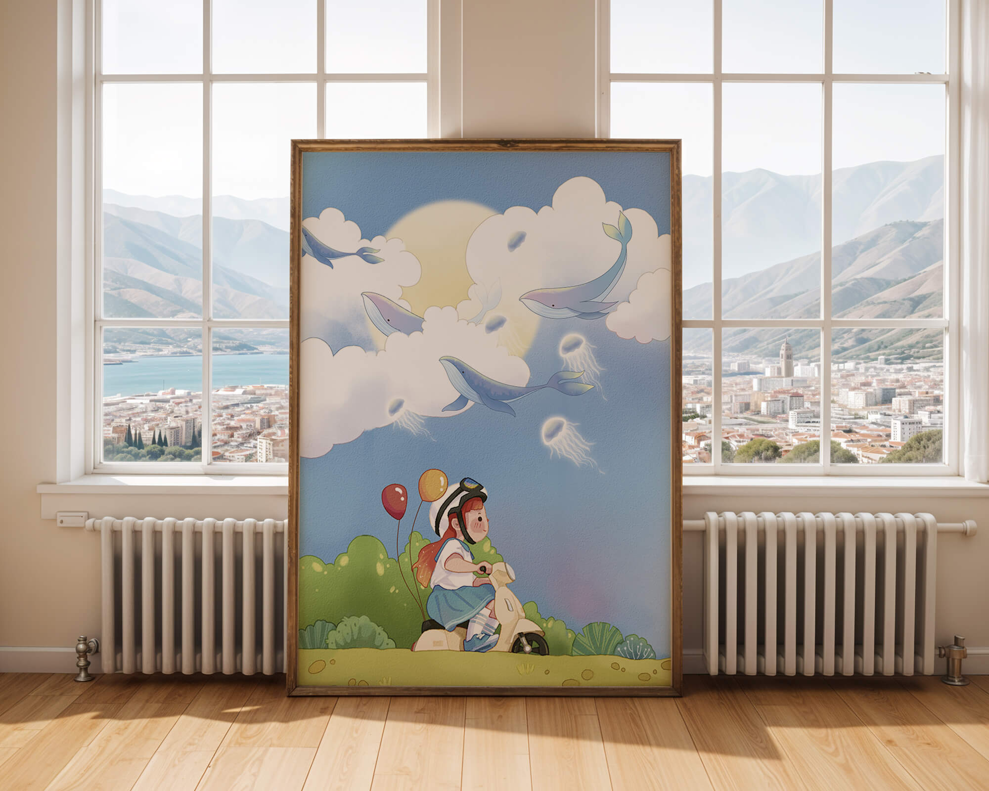 Whimsical illustration of a child riding a scooter with floating whales and balloons