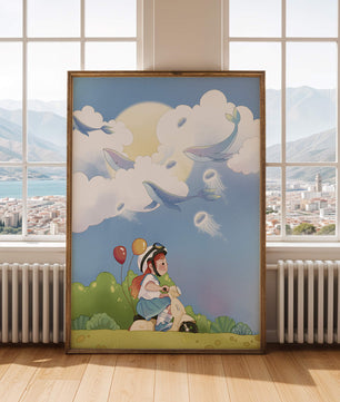 Whimsical illustration of a child riding a scooter with floating whales and balloons
