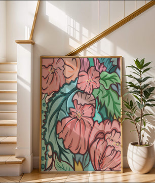 Elegant floral pattern illustration with pink blossoms and green leaves
