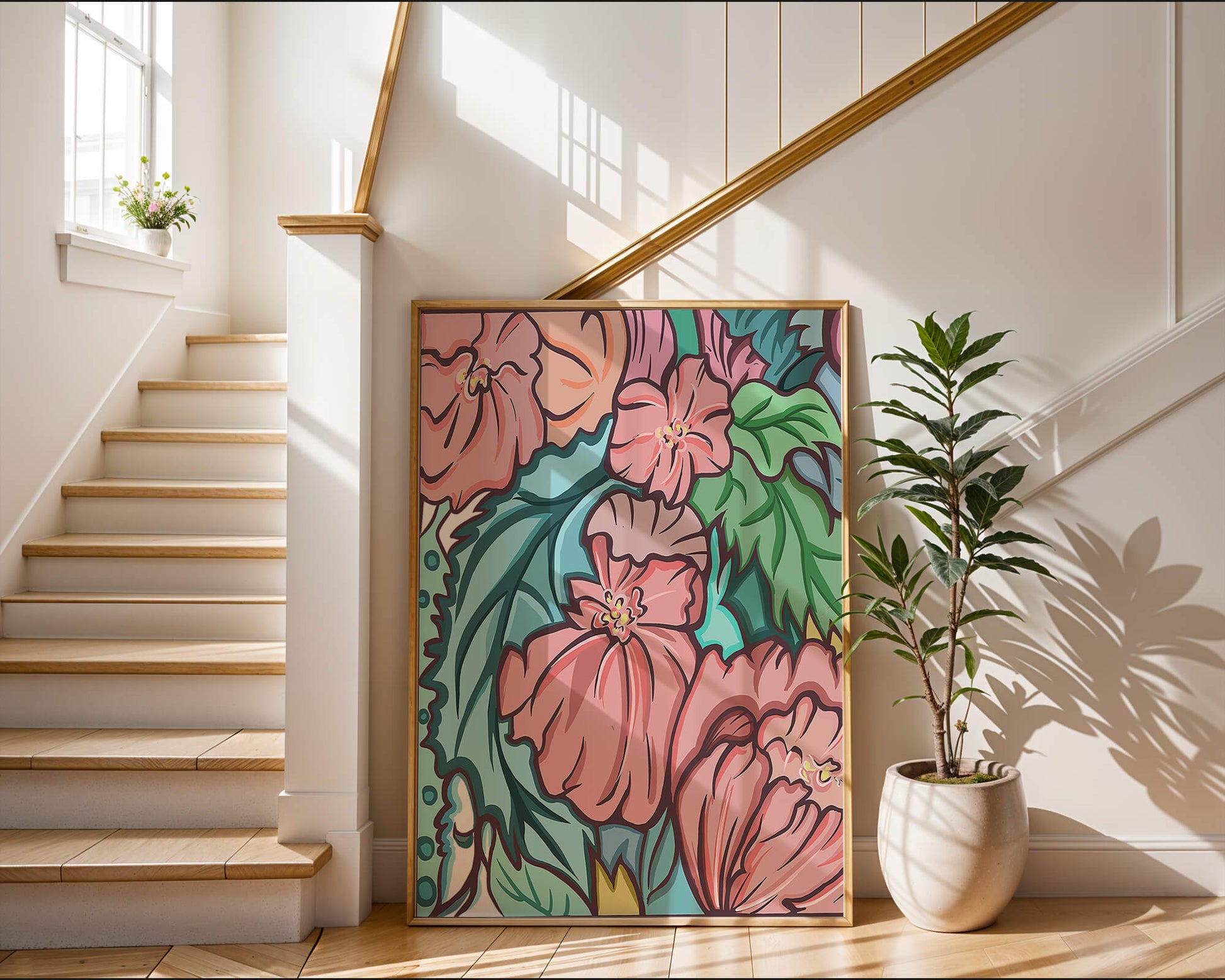 Elegant floral pattern illustration with pink blossoms and green leaves