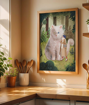 Verzauberter Wald mit einer riesigen Katze und einer Frau