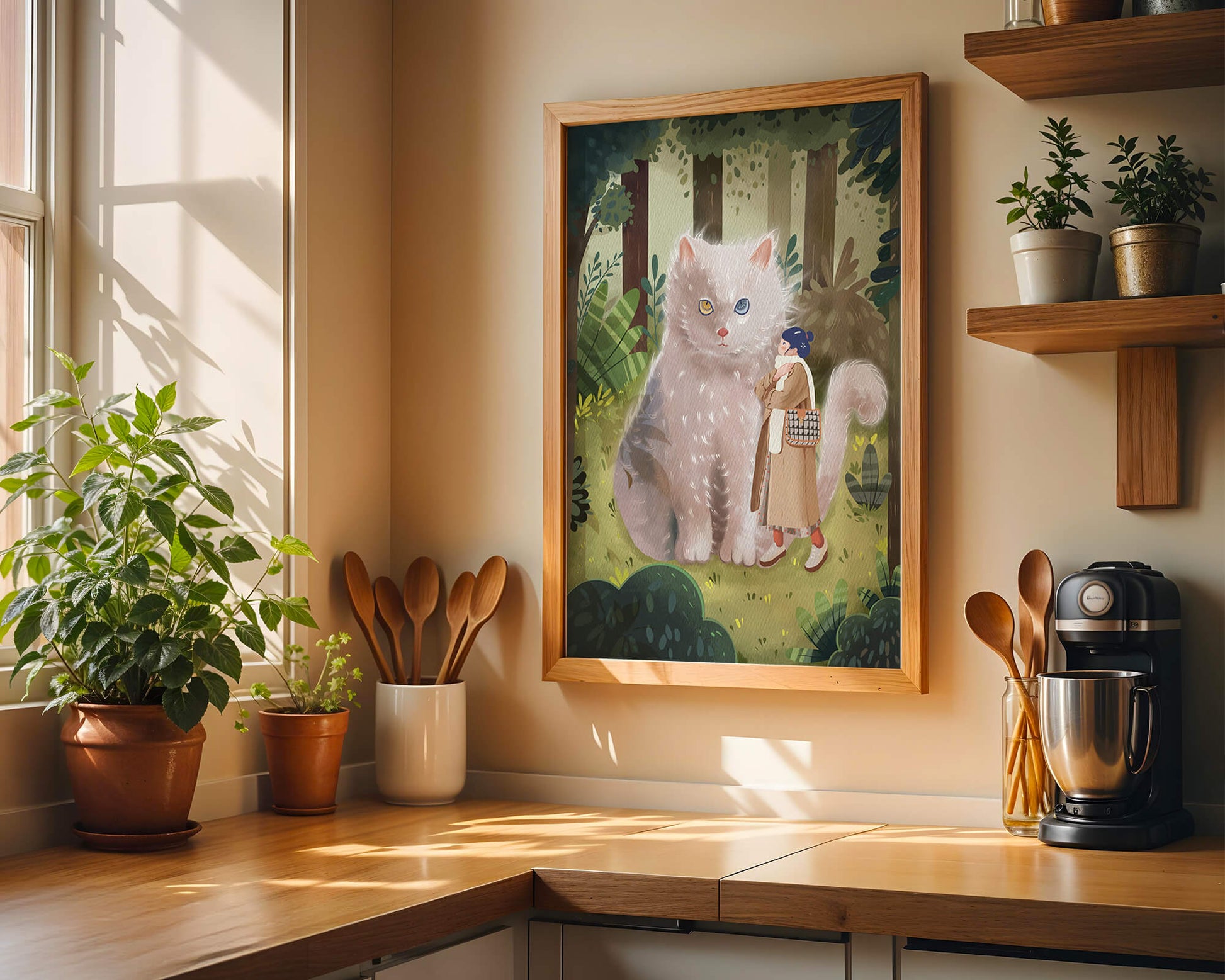 Verzauberter Wald mit einer riesigen Katze und einer Frau