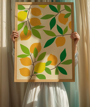Vibrant lemon pattern with colorful leaves and citrus fruits