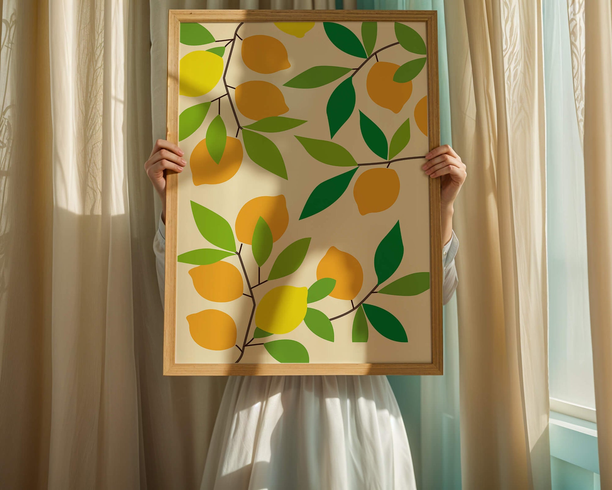 Vibrant lemon pattern with colorful leaves and citrus fruits