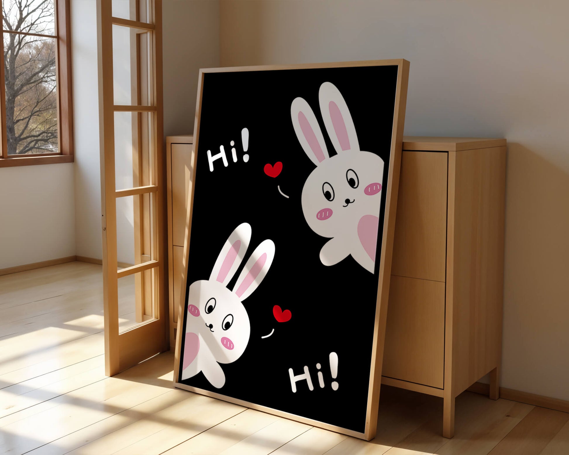 Charming bunny illustration with hearts on black background