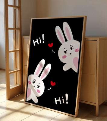 Charming bunny illustration with hearts on black background