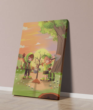 Kinder pflanzen einen Baum in einer lebendigen Sonnenuntergangslandschaft