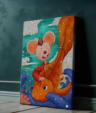 Whimsical illustration of a mouse riding a golden fish in a vibrant fantasy setting