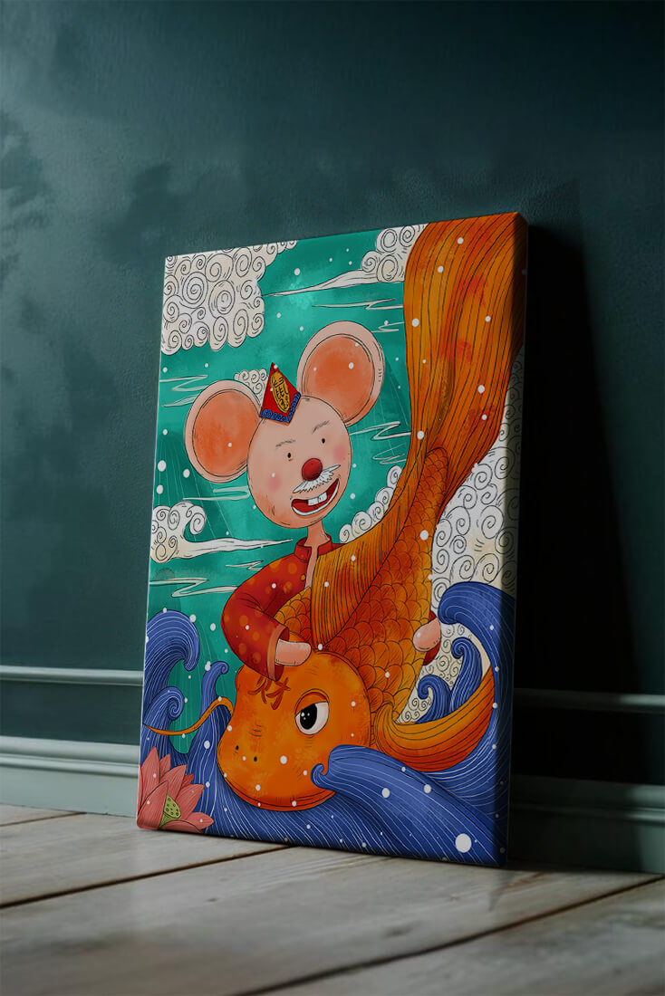 Whimsical illustration of a mouse riding a golden fish in a vibrant fantasy setting