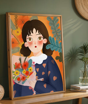 Ilustración encantadora de una chica con flores y corazones