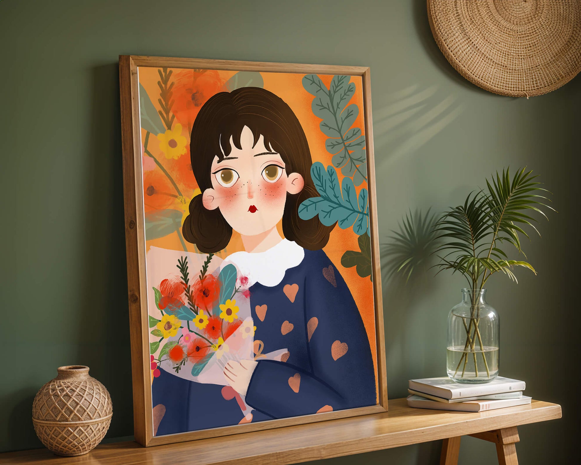 Ilustración encantadora de una chica con flores y corazones