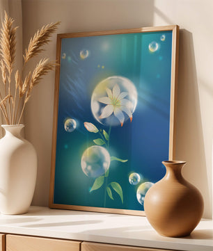 Zarte Blume in transparenten Blasen auf einem verträumten blauen Hintergrund
