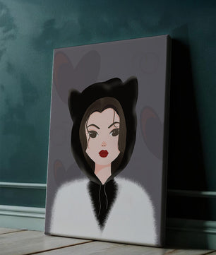 Illustration of a woman in a cat hoodie on a soft gray background