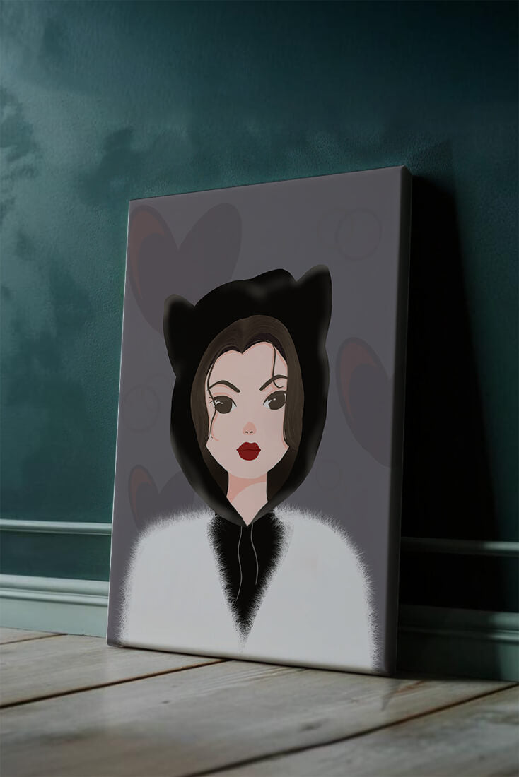 Illustration of a woman in a cat hoodie on a soft gray background