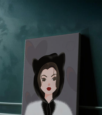 Illustration of a woman in a cat hoodie on a soft gray background