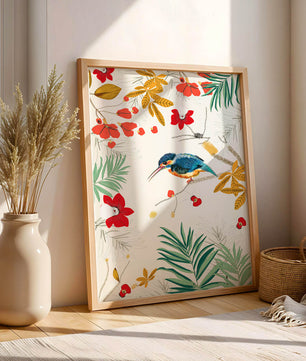 Oiseaux et feuillages colorés dans un décor botanique tropical