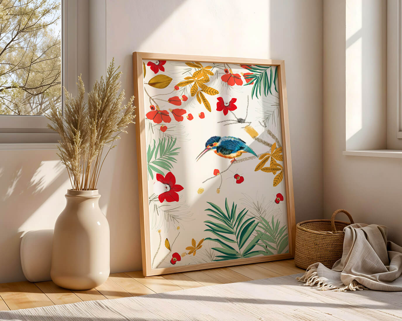 Oiseaux et feuillages colorés dans un décor botanique tropical