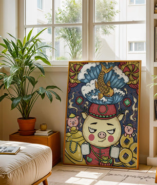 Colorful illustration featuring a whimsical pig and koi fish with decorative elements