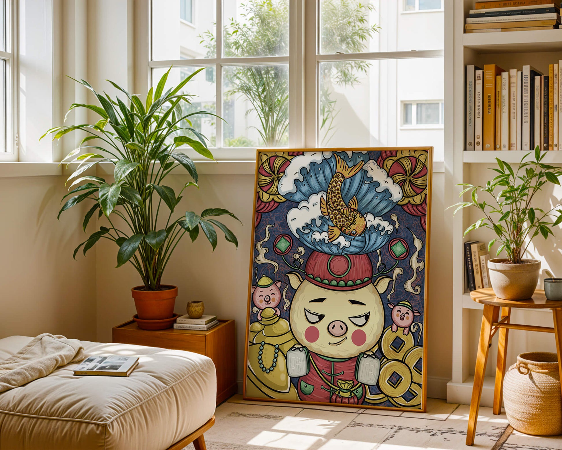 Colorful illustration featuring a whimsical pig and koi fish with decorative elements
