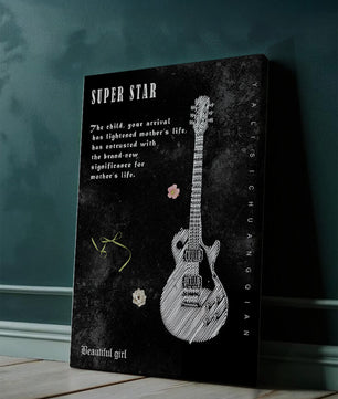 Ilustración de guitarra en blanco y negro artística con texto conmovedor