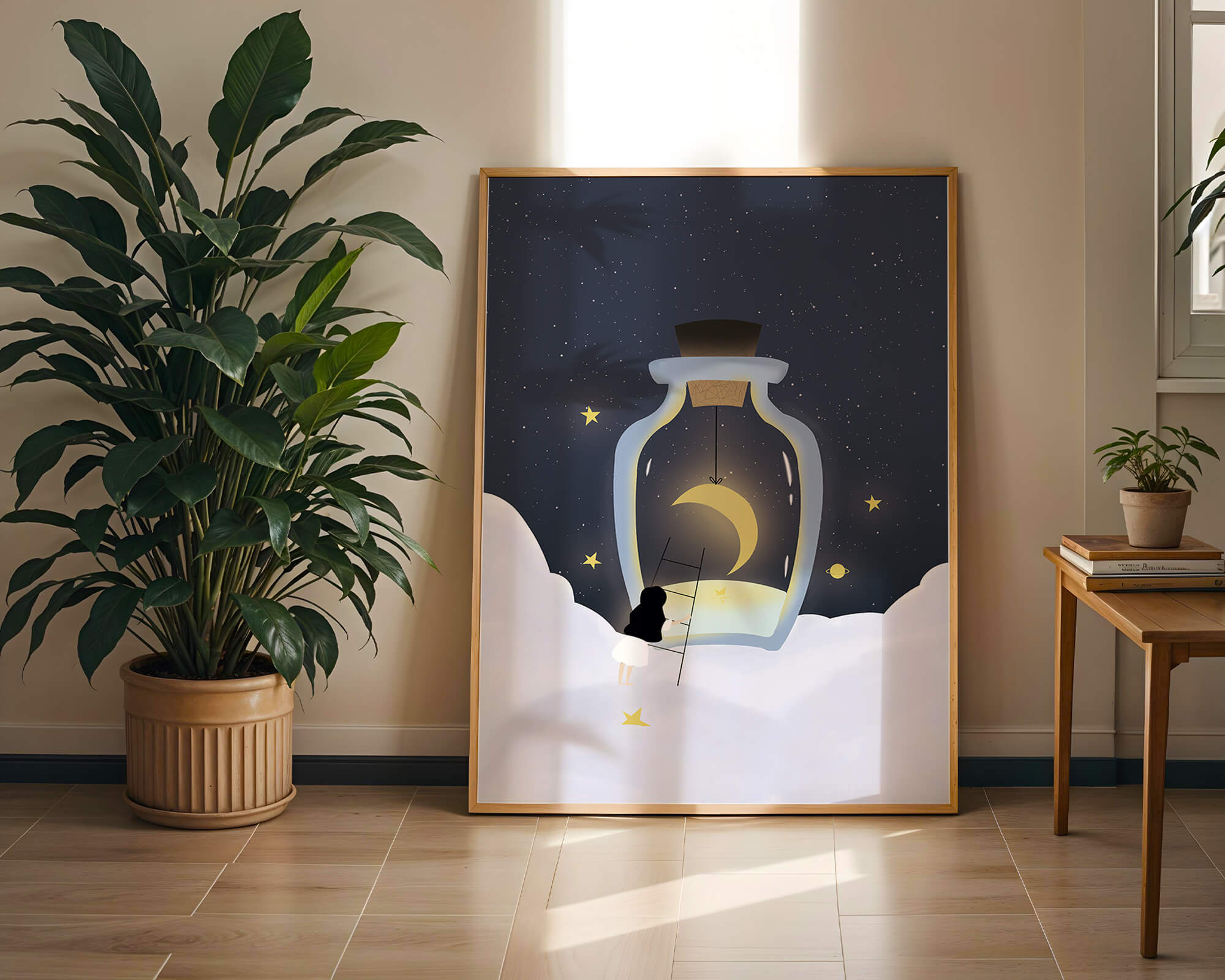 Fantasy Scene with Girl and Moon in a Bottle