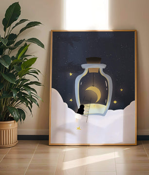 Fantasy Scene with Girl and Moon in a Bottle