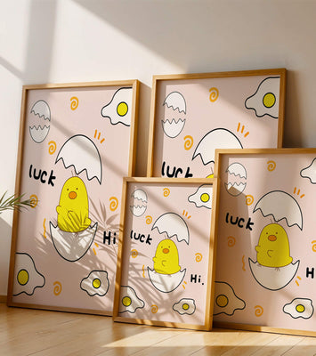 Chick hatching from an egg with cheerful expressions and fried egg motifs