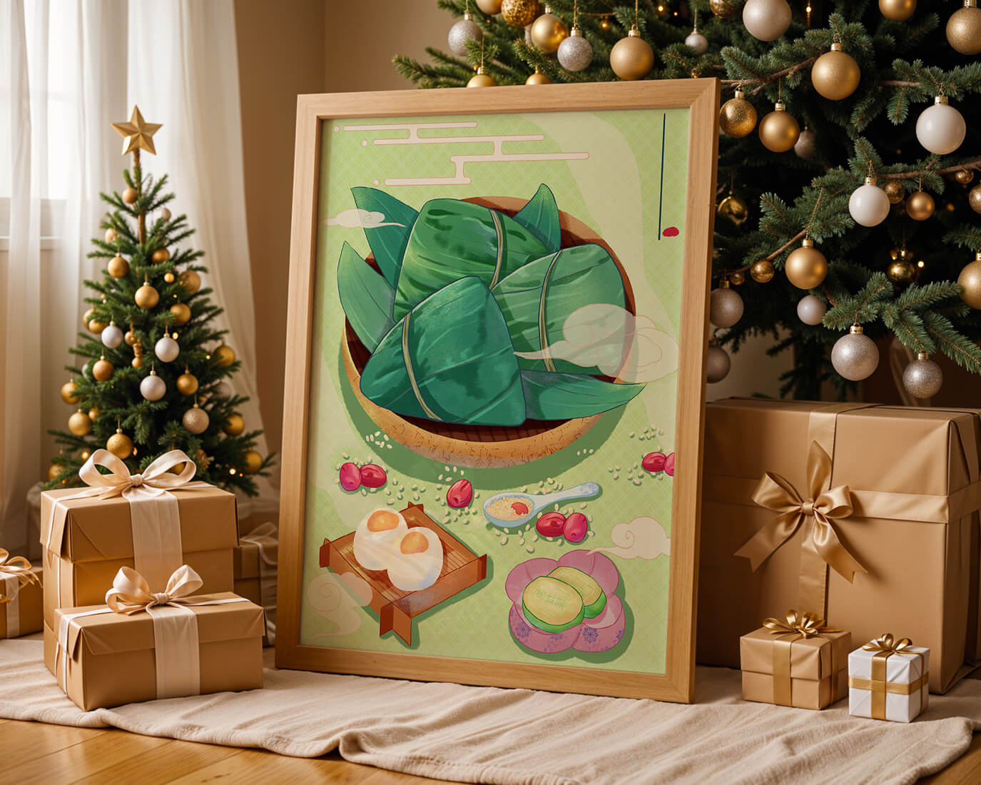 Traditional Asian food illustration with rice dumplings and mooncakes on a green background
