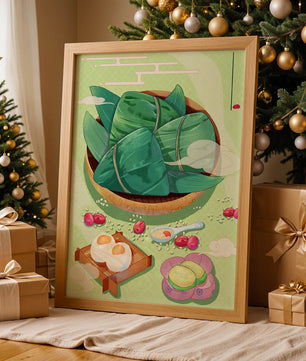 Traditional Asian food illustration with rice dumplings and mooncakes on a green background